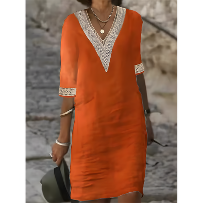 Isabeau™ | Midi-jurk met V-hals en contrasterende kant