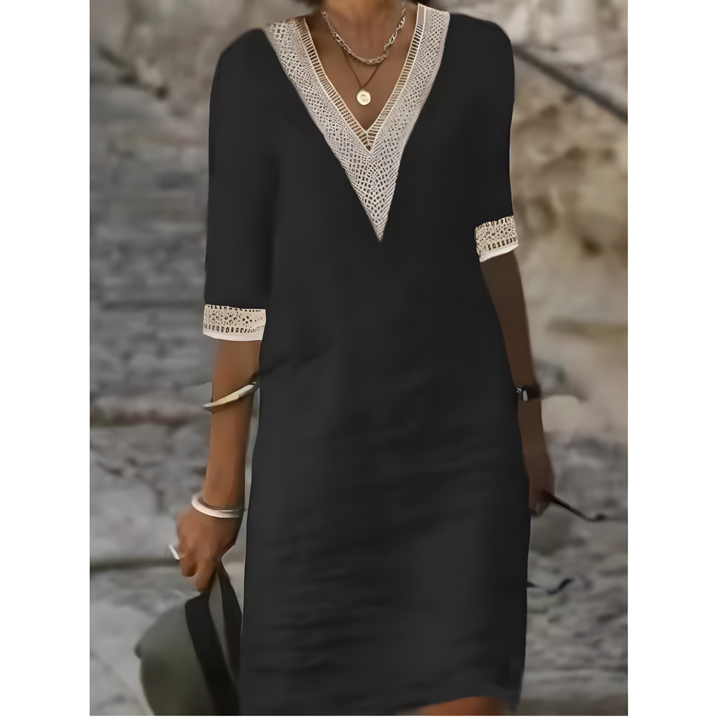 Isabeau™ | Midi-jurk met V-hals en contrasterende kant
