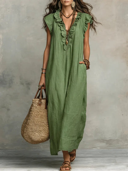 Maud™ | Boho Maxi Jurk van Linnen en Katoen
