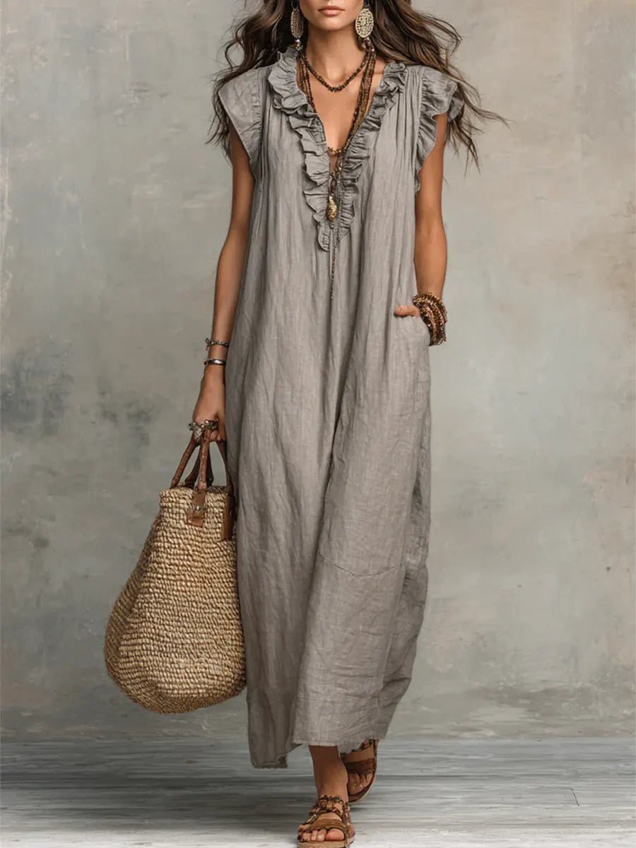 Maud™ | Boho Maxi Jurk van Linnen en Katoen