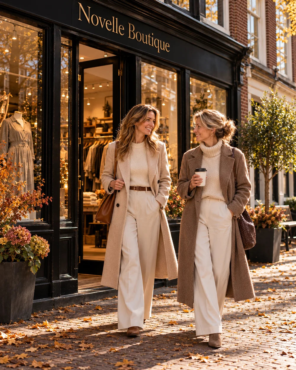 AI-sfeerbeeld: twee vrouwen in herfstkleding voor de Novelle Boutique-winkel