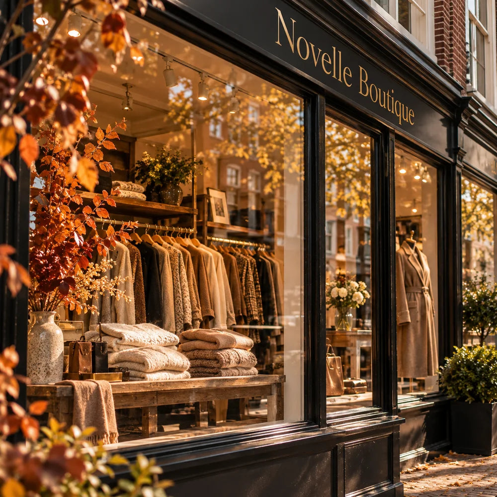AI-sfeerbeeld: warme Novelle-etalage met herfstkleuren en breiwerk